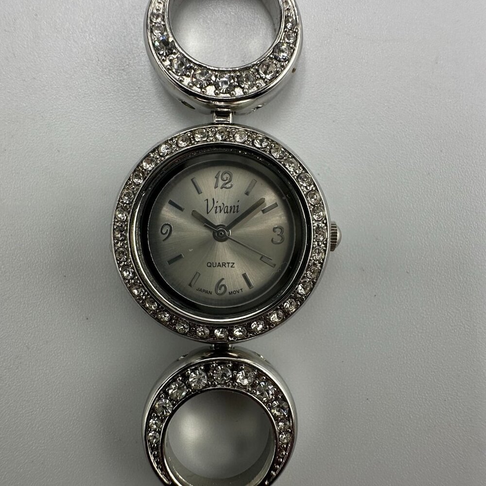 Vivani Watch Women Silver Tone Round Dial Rhinestone Accent Band New Battery 8"